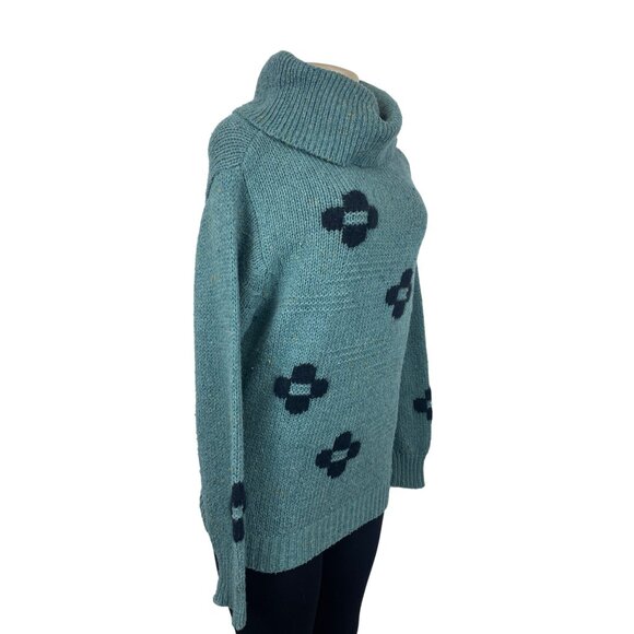 Chunky Knit Turquoise Sweater With Black Patterned Crosses & Cowl Neck Sz M/L - Picture 2 of 6